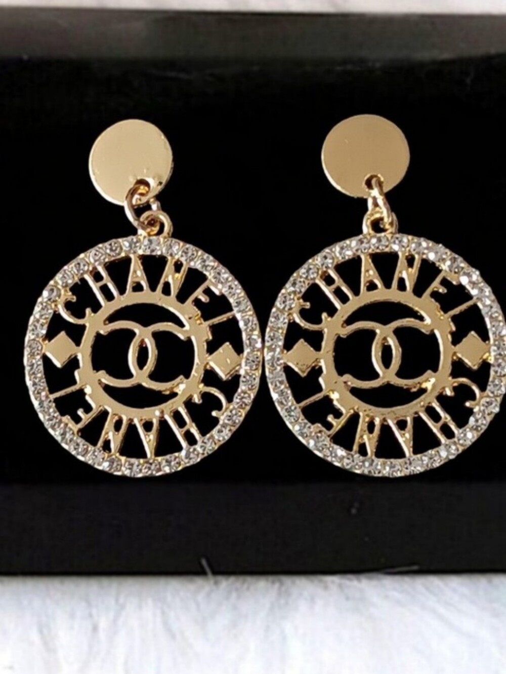 Designer Inspired Logo Drop Earrings with Rhinestones